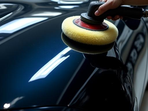 Car polishing machine buffing paint, showing a deep reflection.