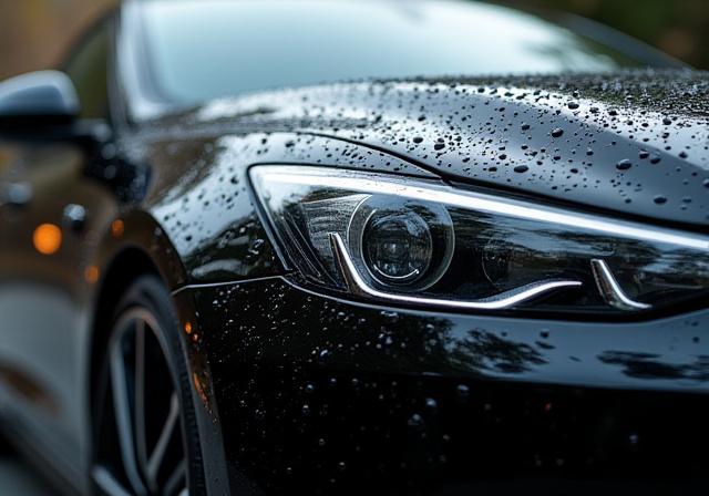 Black luxury sedan with water beading perfectly on its ceramic-coated surface.