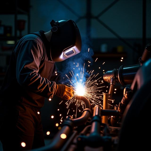 Master technician welding a custom exhaust system, sparks flying.