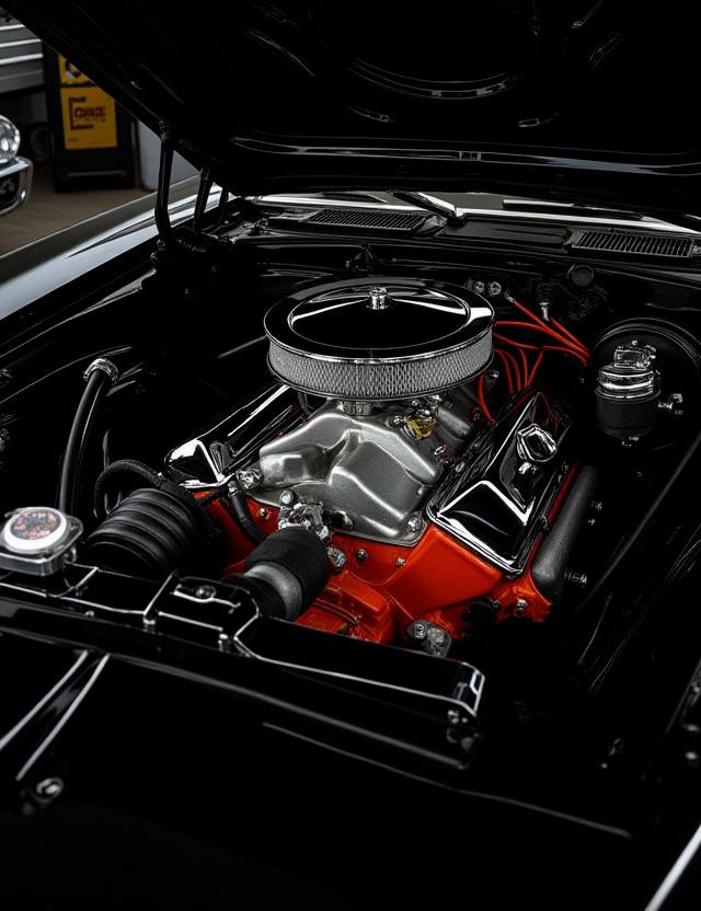 Immaculately detailed chrome engine bay of a classic muscle car.