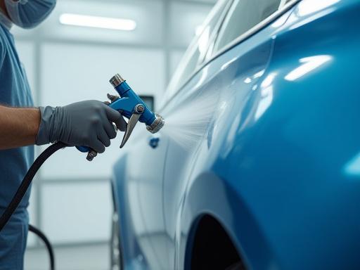 Professional spray gun applying paint to a car door panel.