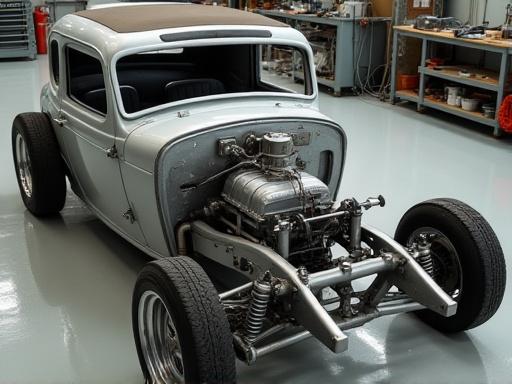Vintage car chassis undergoing restoration, stripped to bare metal.